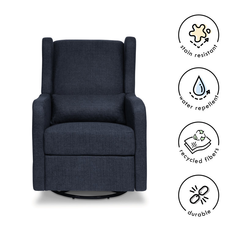 Navy Performance Linen 32" Swivel Recliner with Wood Accents