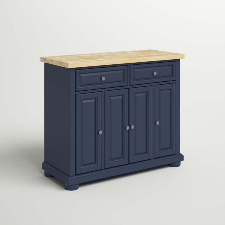 Navy Solid Wood Butcher Block Kitchen Island with Storage