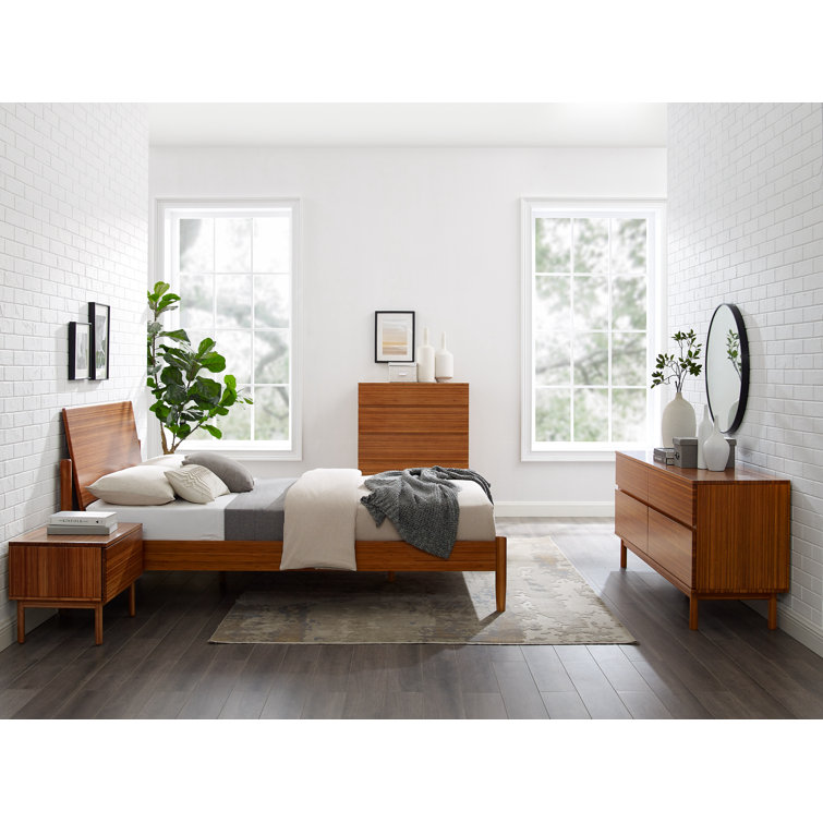 Benji Amber Queen Platform Bed with Upholstered Headboard in Bamboo