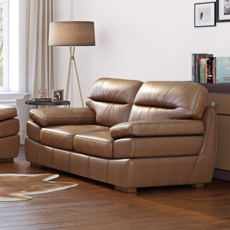 Chestnut Brown Tufted Leather Sofa with Pillow-Top Arms