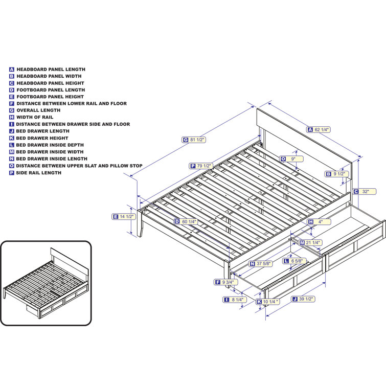 Gray Full Wood Platform Bed with Storage Drawers
