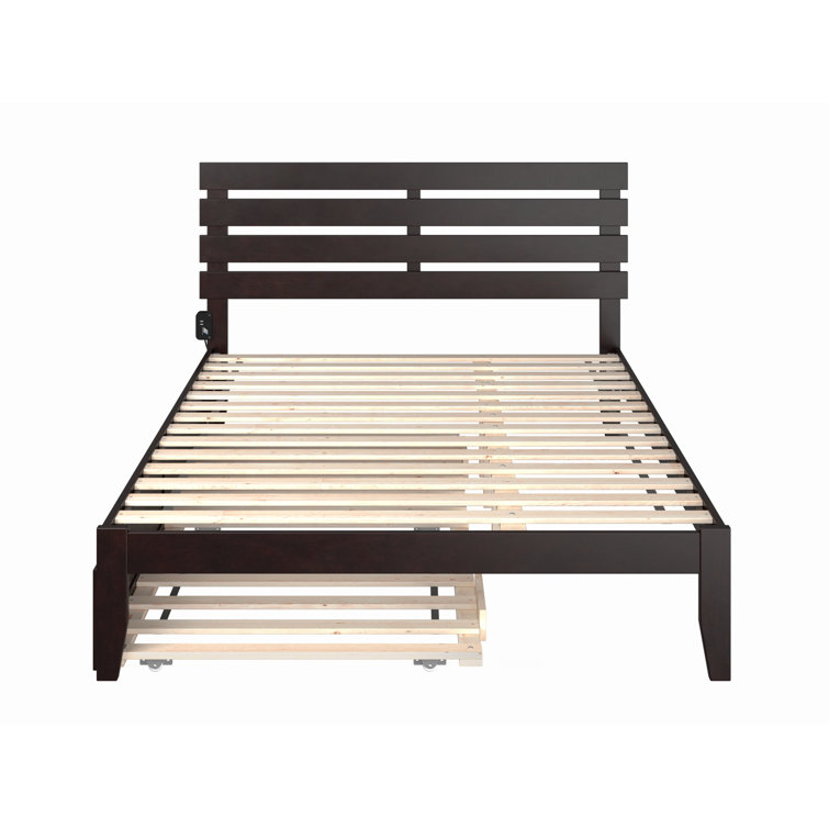 Walnut Queen Upholstered Platform Bed with Wood Headboard and Slats