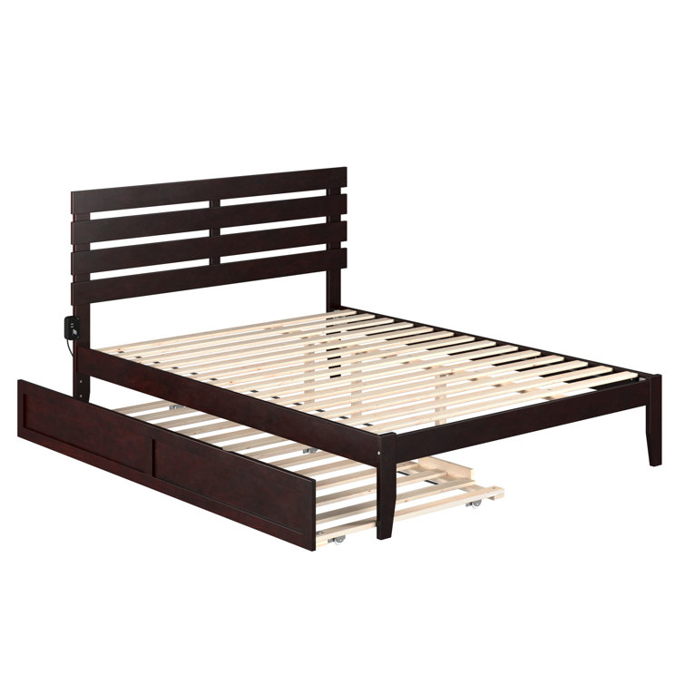 Walnut Queen Upholstered Platform Bed with Wood Headboard and Slats