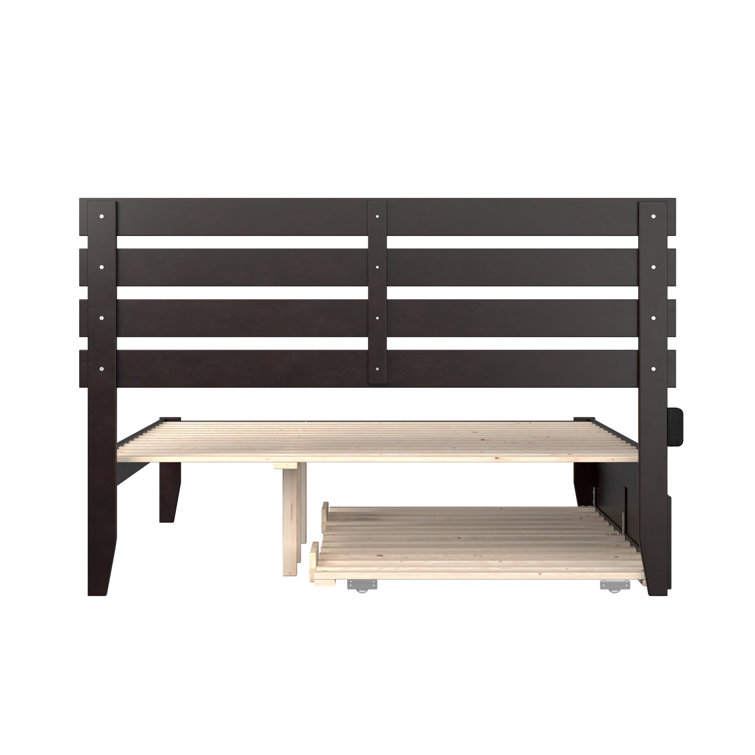 Walnut Queen Upholstered Platform Bed with Wood Headboard and Slats