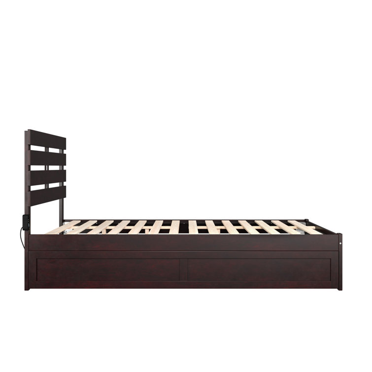Walnut Queen Upholstered Platform Bed with Wood Headboard and Slats