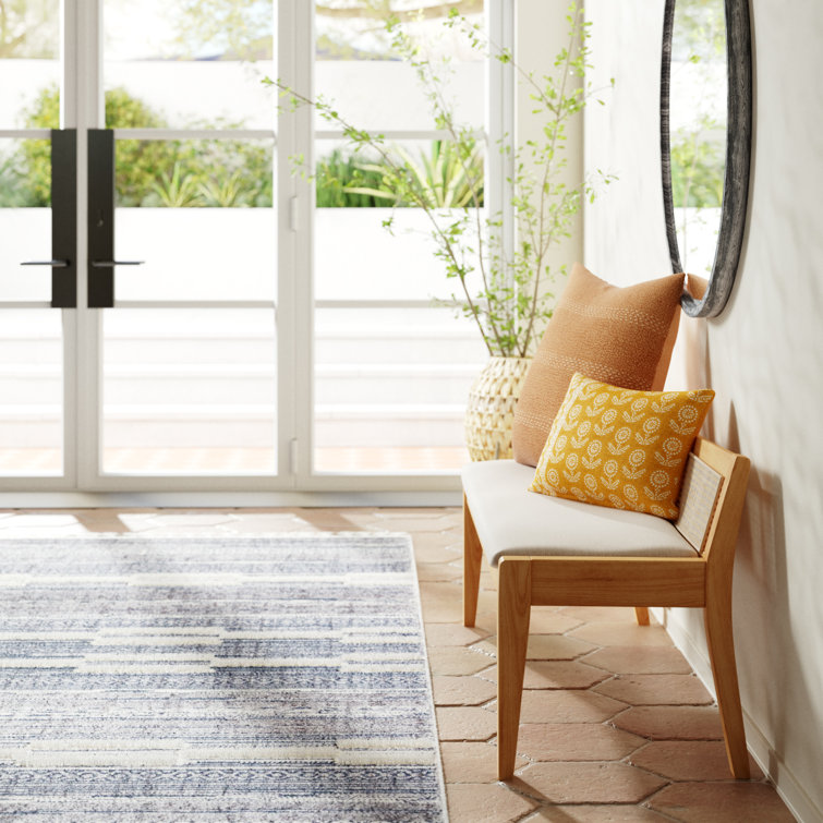 Elegant Natural Wood and Beige Linen Storage Bench with Rattan Back