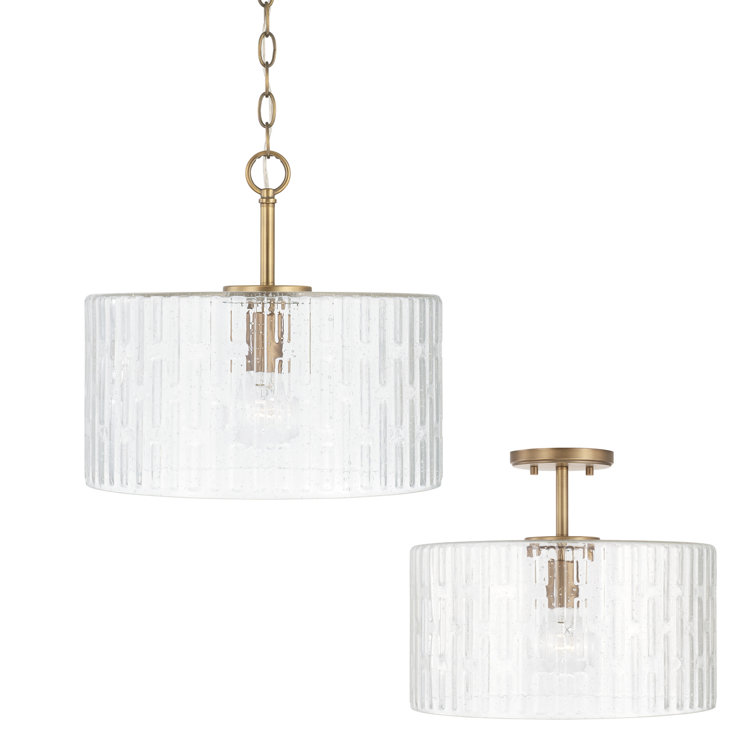 Emerson Aged Brass 1-Light Semi-Flush or Pendant with Embossed Seeded Glass