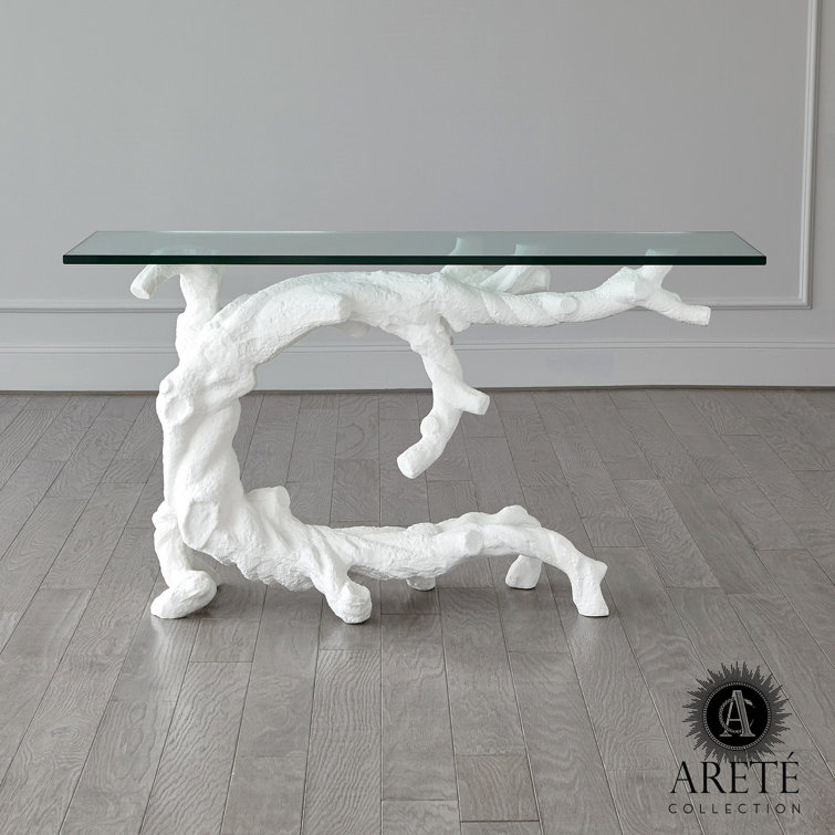 Twisted Juniper Matte White Cast Aluminum Console with Tempered Glass Top