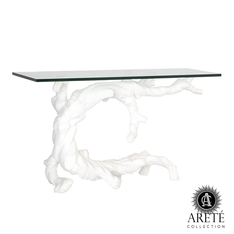 Twisted Juniper Matte White Cast Aluminum Console with Tempered Glass Top