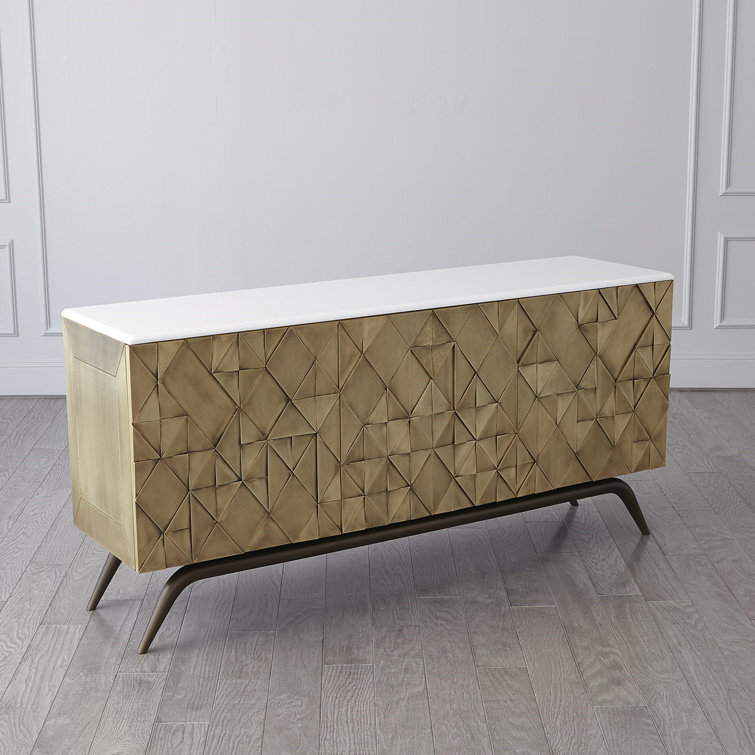 Polished Brass Triangle Cabinet with Marble Top and Adjustable Shelves