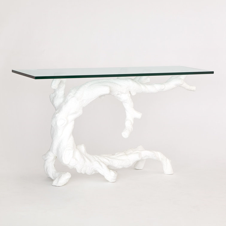 Twisted Juniper Matte White Cast Aluminum Console with Tempered Glass Top