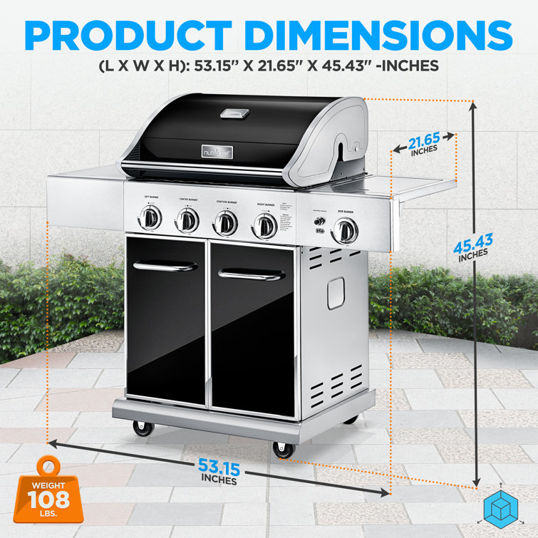 NutriChef Stainless Steel 5-Burner Propane Gas Grill with Side Burner