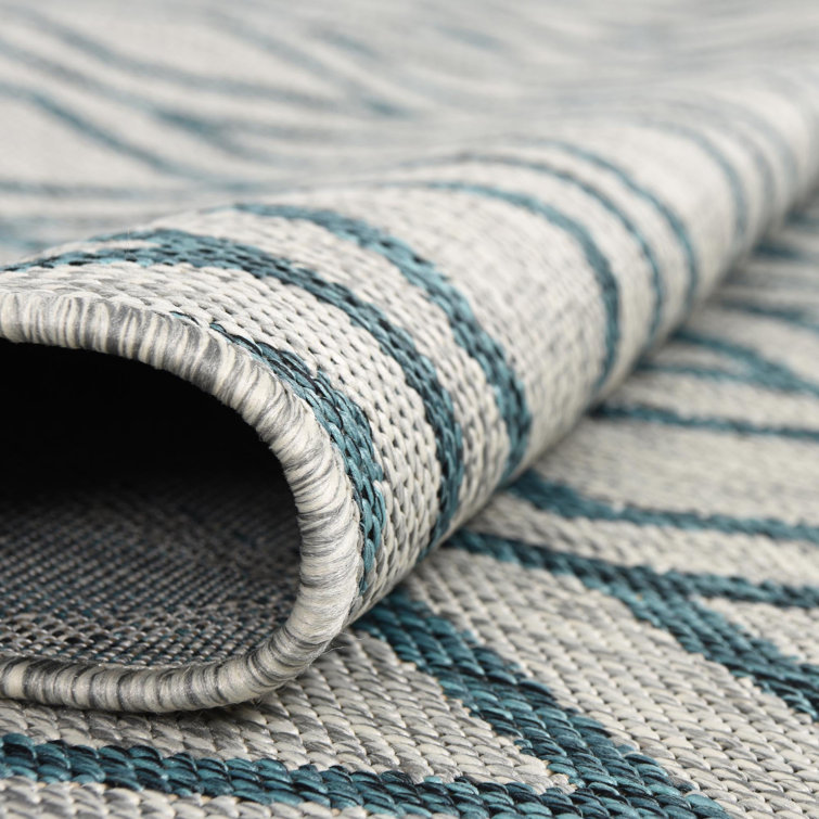 Gray and Teal Geometric Synthetic Outdoor Rug, 4' x 6'