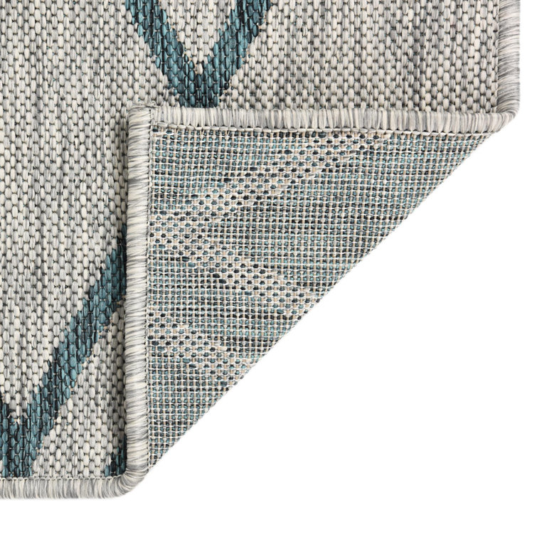 Gray and Teal Geometric Synthetic Outdoor Rug, 4' x 6'