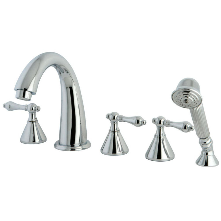 Polished Chrome Three-Handle Roman Tub Faucet with Hand Shower