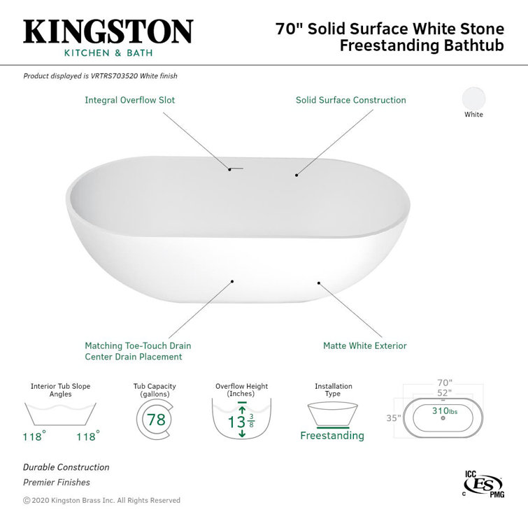 Matte White 70-Inch Oval Freestanding Acrylic Bathtub