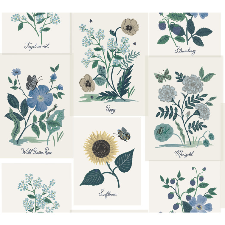 White and Blue Botanical Floral Non-Pasted Wallpaper