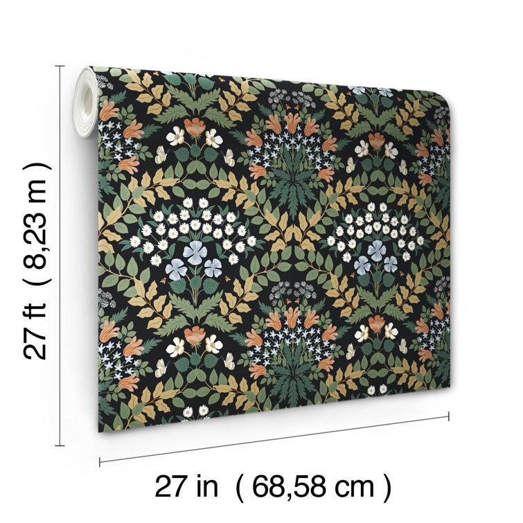 Bramble Art Nouveau 27' Black/Green Smooth Wallpaper Roll