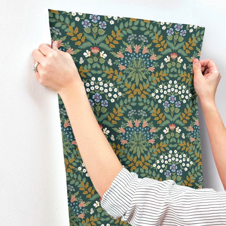 Green and Gold Floral Nonwoven Wallpaper Roll