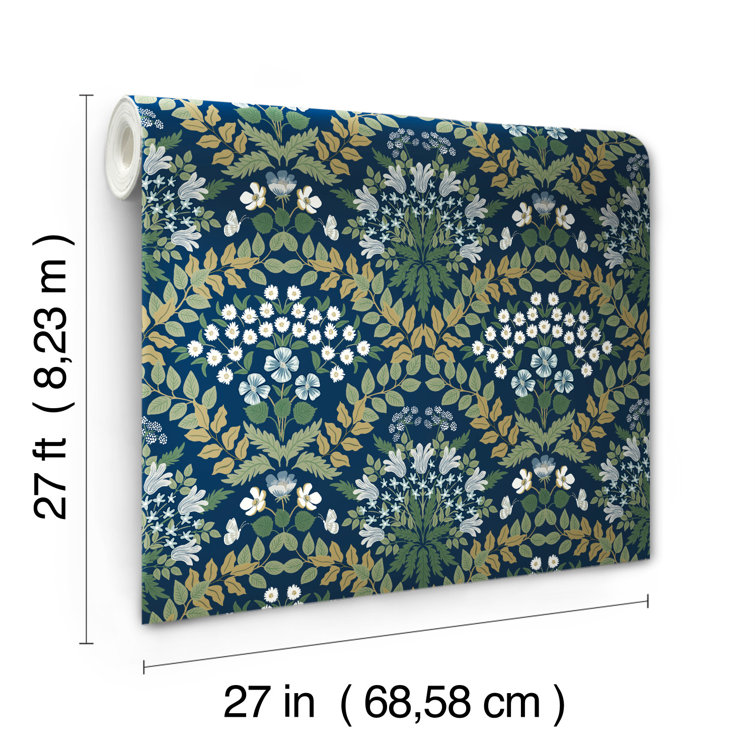 Scandinavian Navy Blue Floral & Butterfly 27' Wallpaper Roll