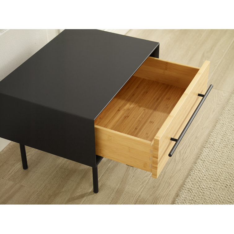 Black and Natural Bamboo 1-Drawer Nightstand with Metal Handle