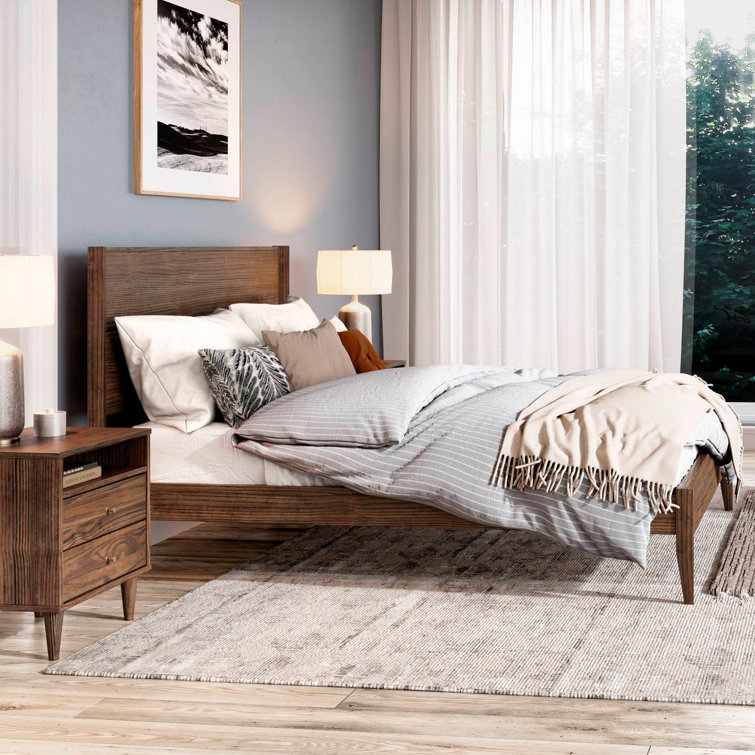 Queen Brushed Walnut Pine Wood Platform Bed with Headboard and Drawer