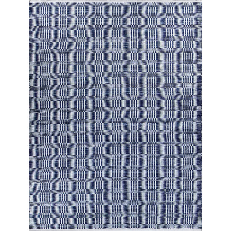 Blue and Ivory Geometric Flat Woven Synthetic Rug