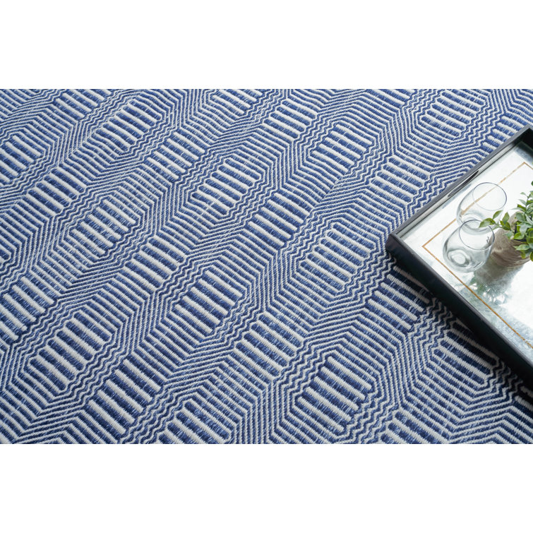 Blue and Ivory Geometric Flat Woven Synthetic Rug