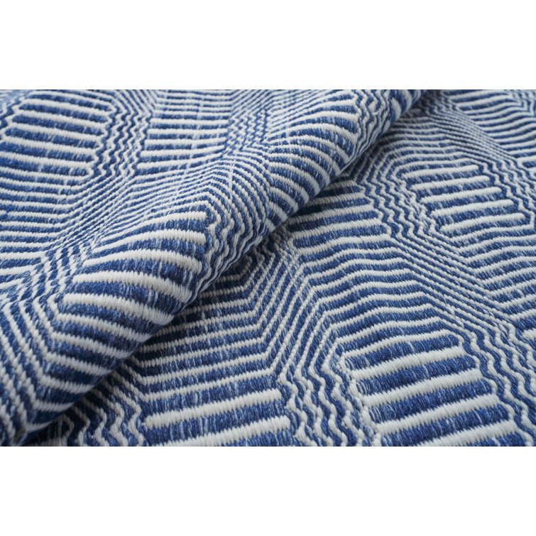 Blue and Ivory Geometric Flat Woven Synthetic Rug