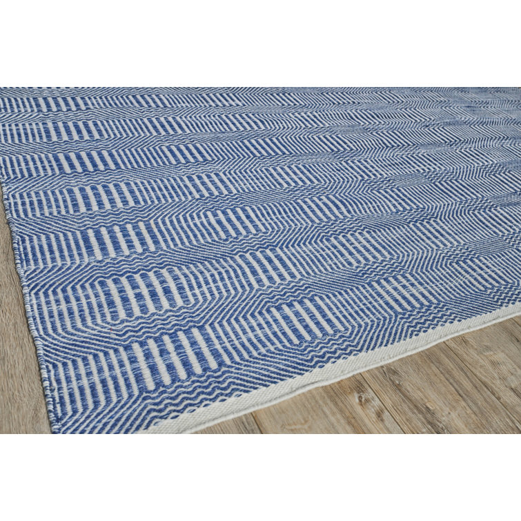 Blue and Ivory Geometric Flat Woven Synthetic Rug