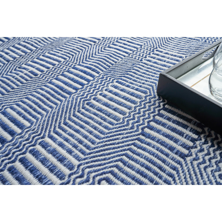 Blue and Ivory Geometric Flat Woven Synthetic Rug