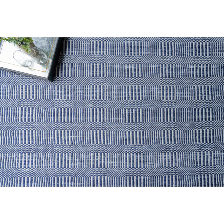 Blue and Ivory Geometric Flat Woven Synthetic Rug