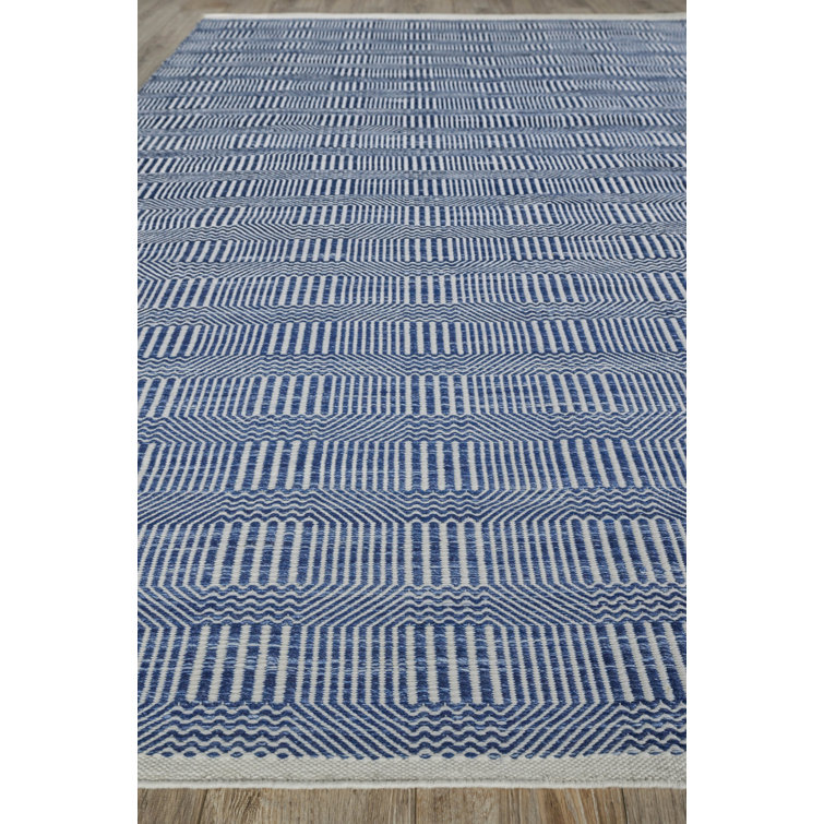 Blue and Ivory Geometric Flat Woven Synthetic Rug
