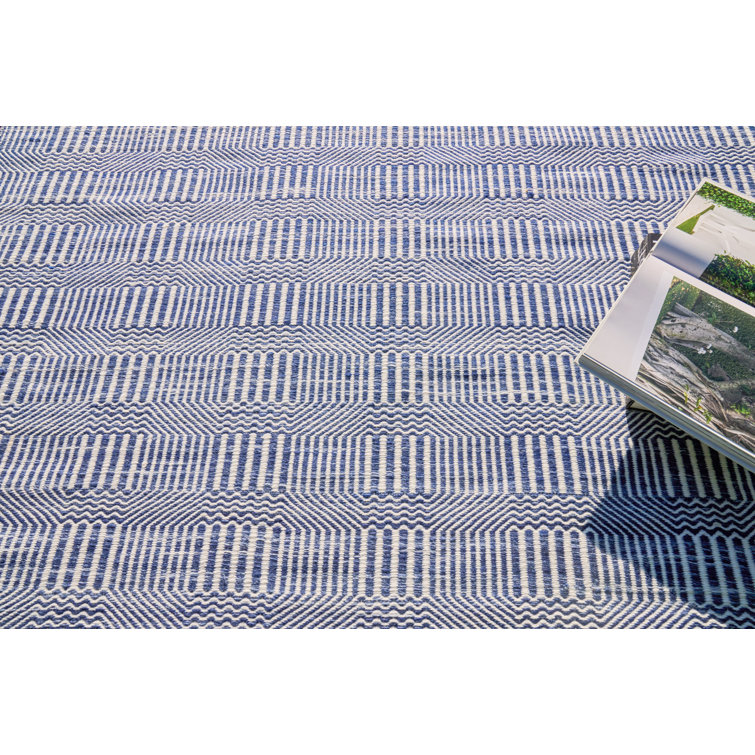 Blue and Ivory Geometric Flat Woven Synthetic Rug