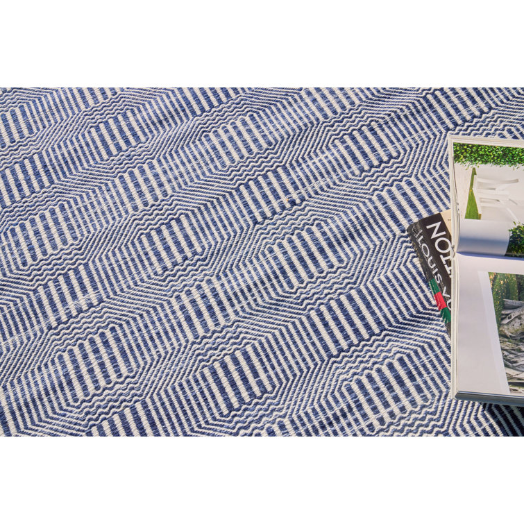 Blue and Ivory Geometric Flat Woven Synthetic Rug