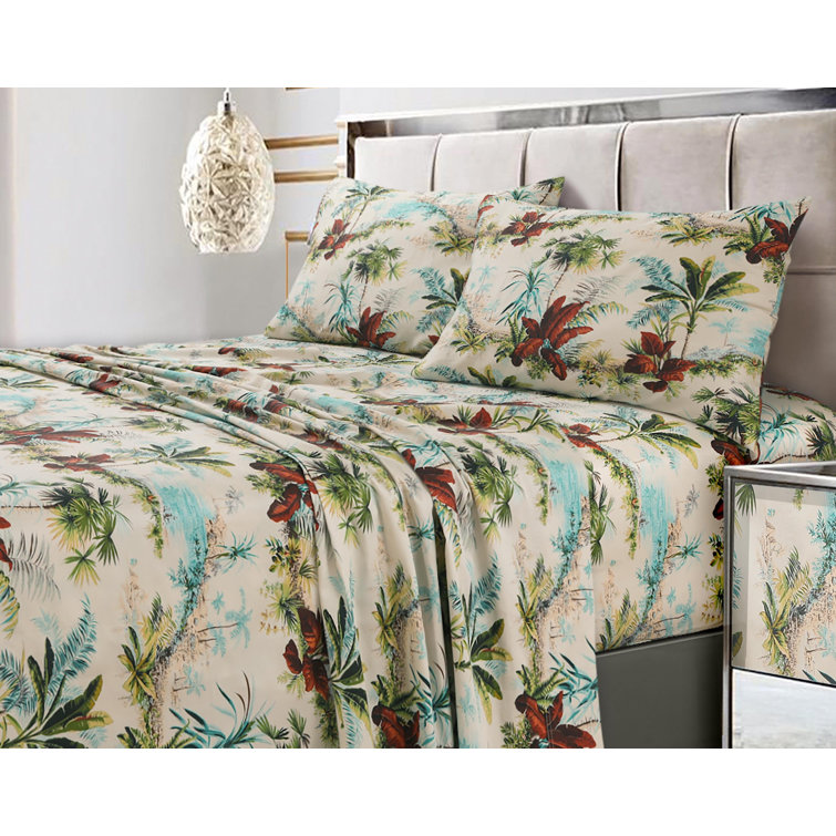 California King Blue Floral Print Satin Deep Pocket Sheet Set