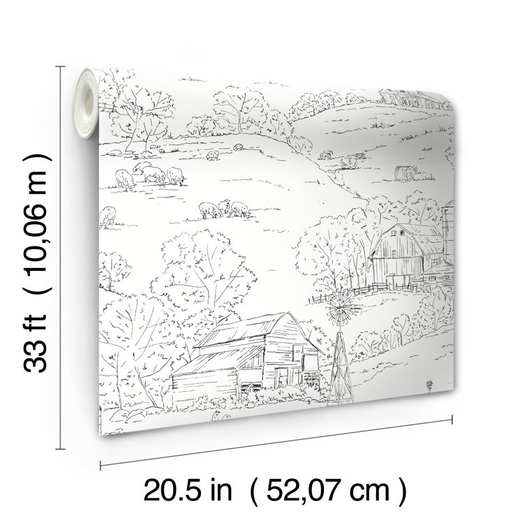 Black and White Farmhouse Toile Nonwoven Wallpaper