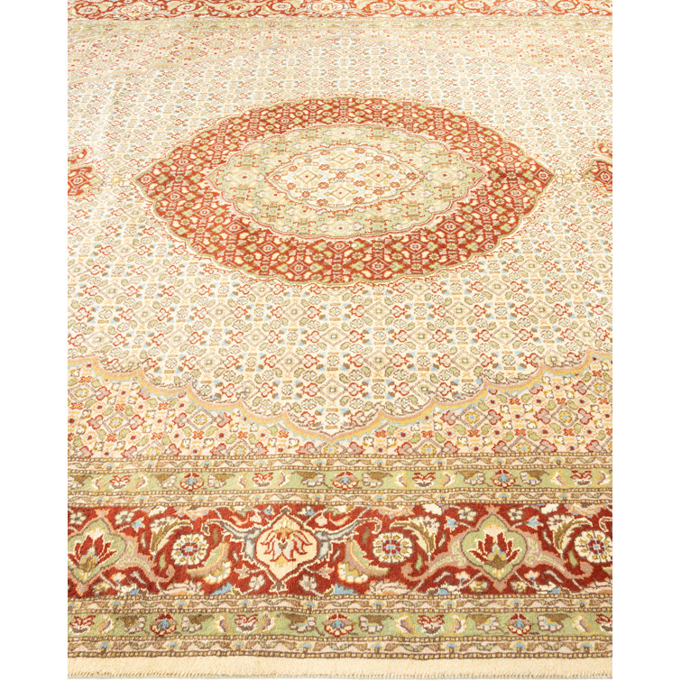 Ivory and Red Hand-Knotted Wool 8' x 10' Oriental Rug