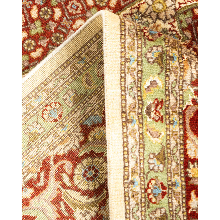 Ivory and Red Hand-Knotted Wool 8' x 10' Oriental Rug