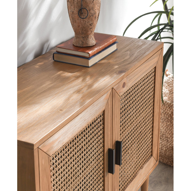 Natural Brown Pine Wood 2-Door Cane Accent Cabinet