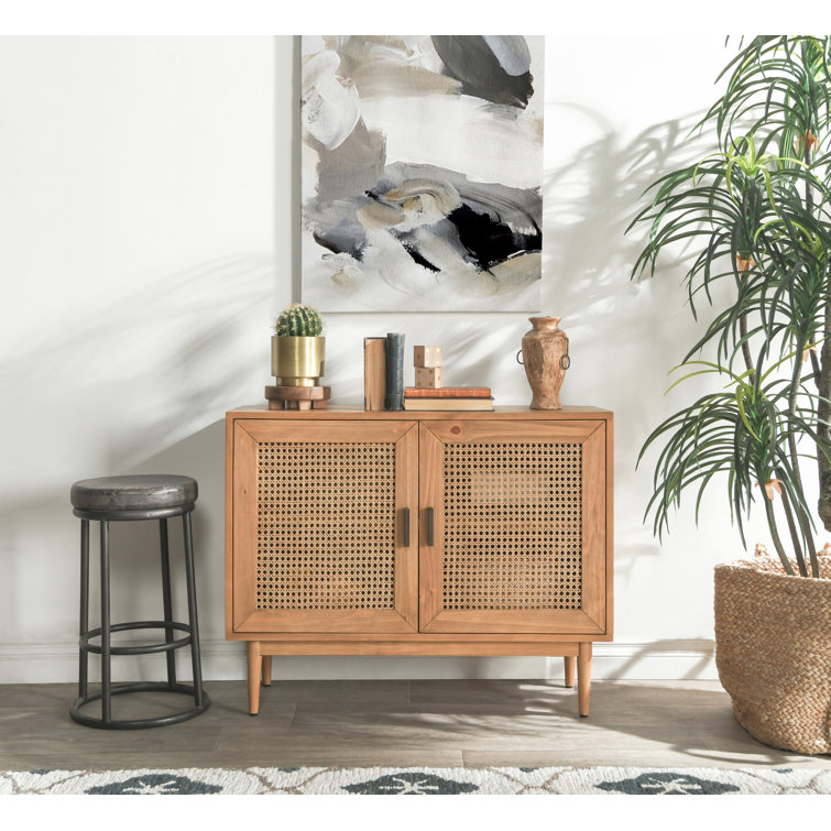 Natural Brown Pine Wood 2-Door Cane Accent Cabinet