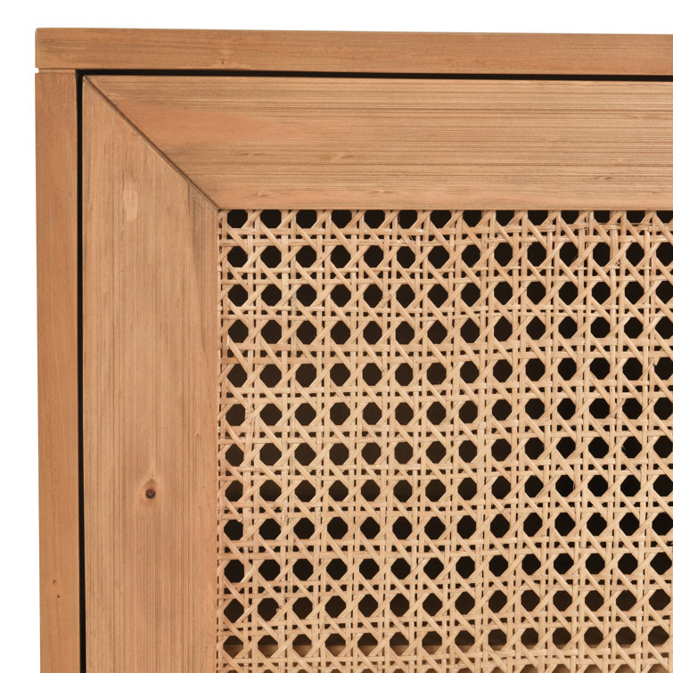 Natural Brown Pine Wood 2-Door Cane Accent Cabinet