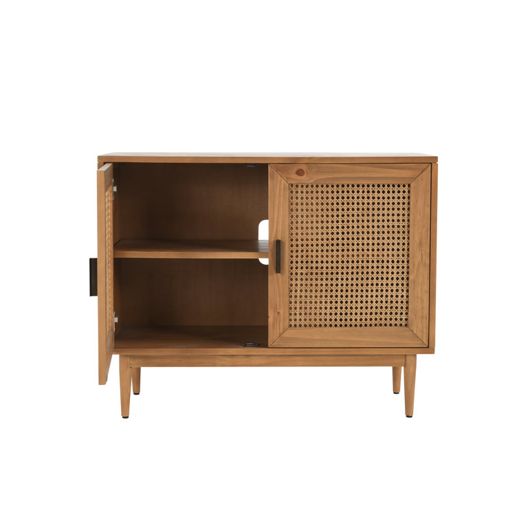 Natural Brown Pine Wood 2-Door Cane Accent Cabinet