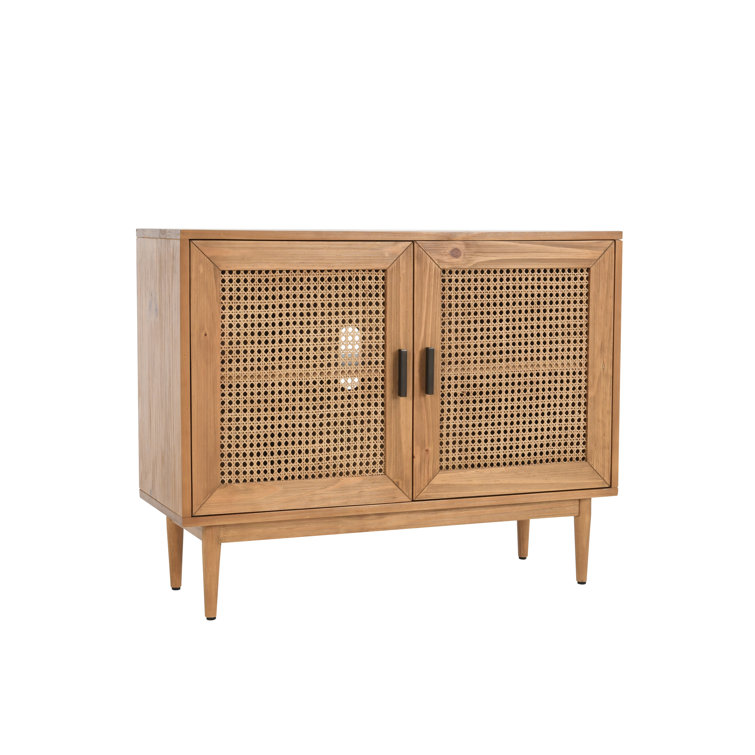 Natural Brown Pine Wood 2-Door Cane Accent Cabinet