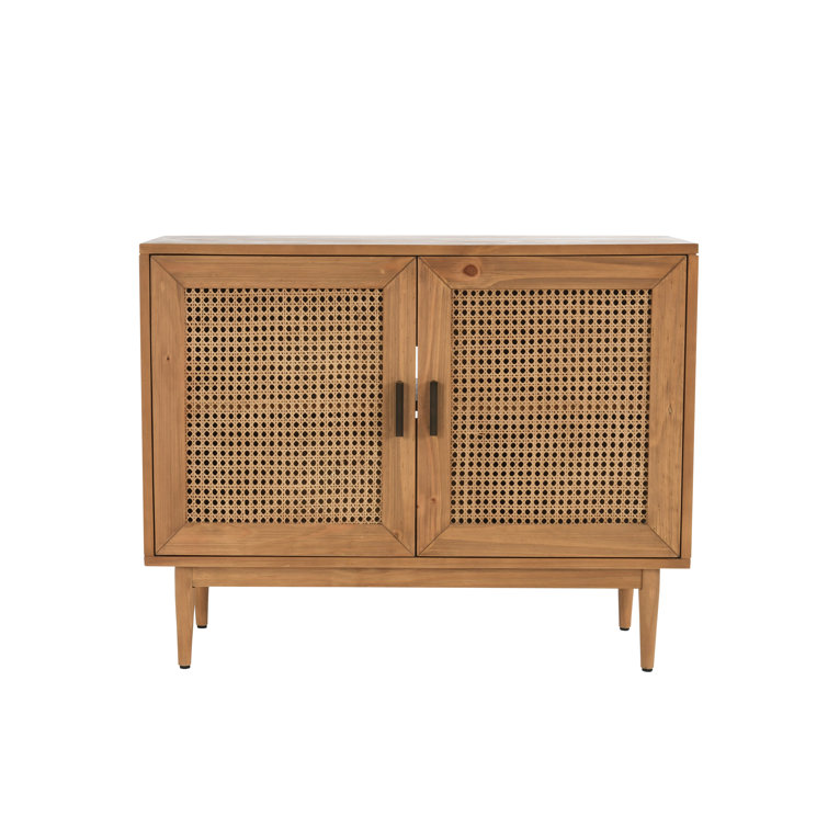 Natural Brown Pine Wood 2-Door Cane Accent Cabinet