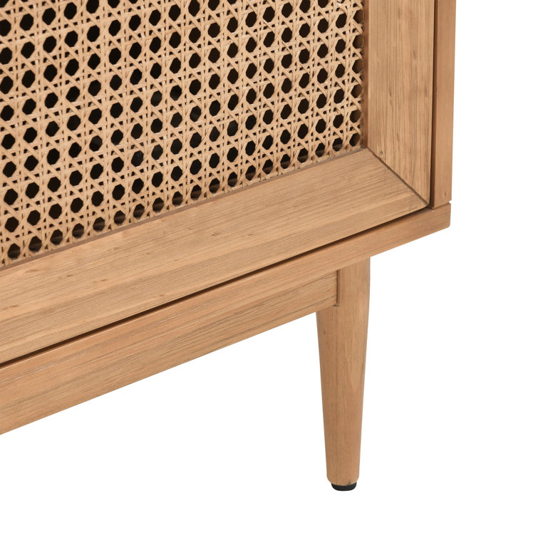Natural Brown Pine Wood 2-Door Cane Accent Cabinet