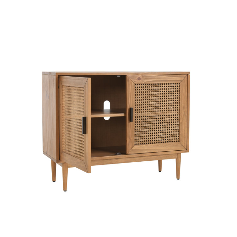 Natural Brown Pine Wood 2-Door Cane Accent Cabinet