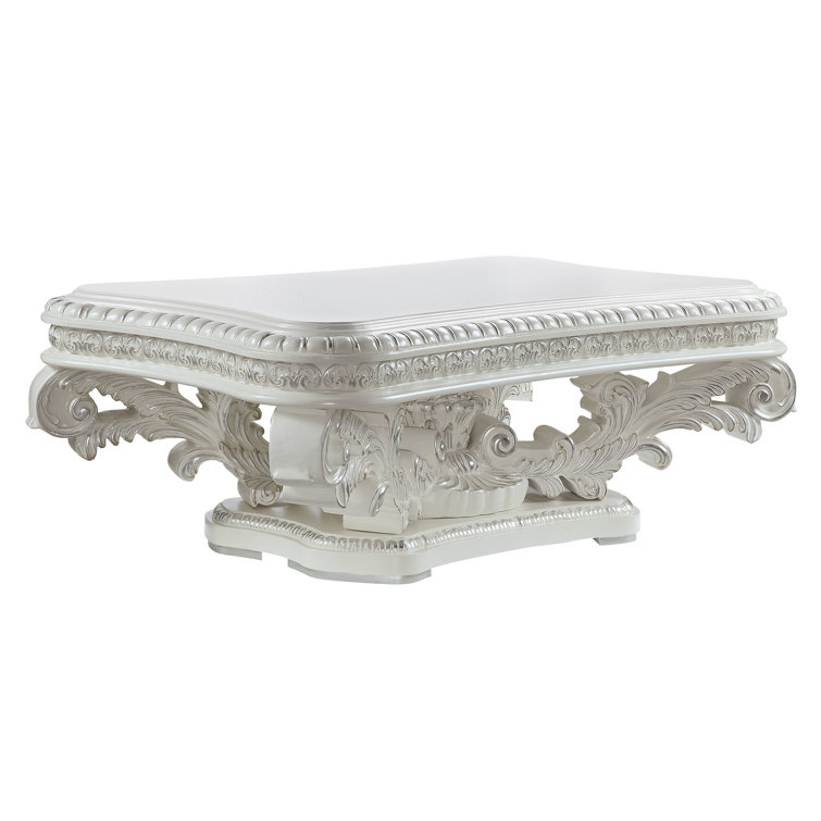 Antique White Ornate Rectangular Wood Coffee Table