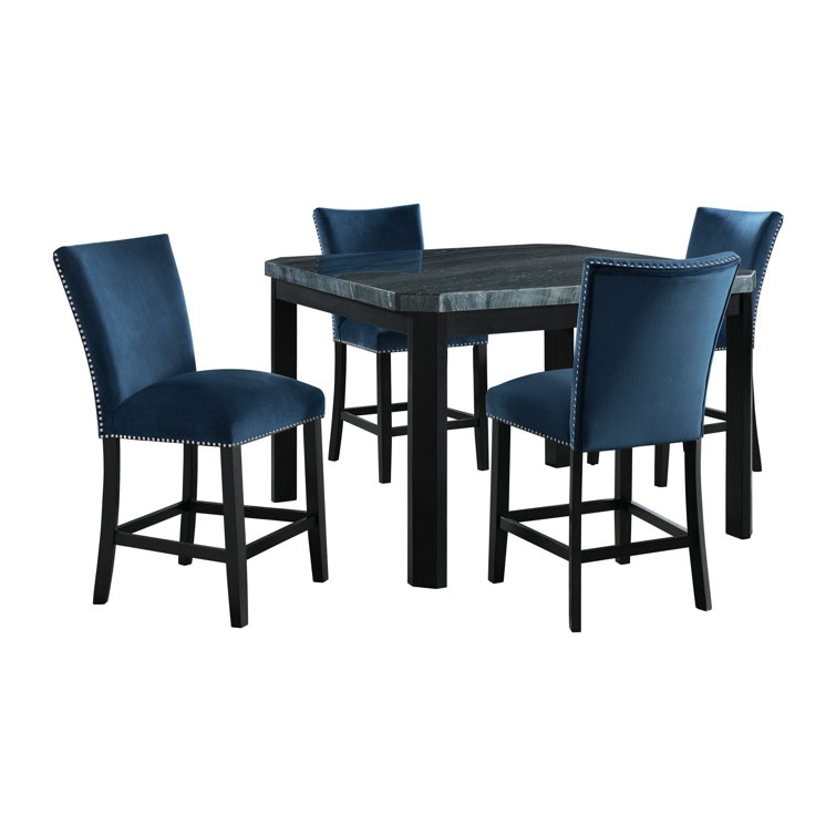 Gray Marble Top Trestle Dining Set with Blue Upholstered Chairs