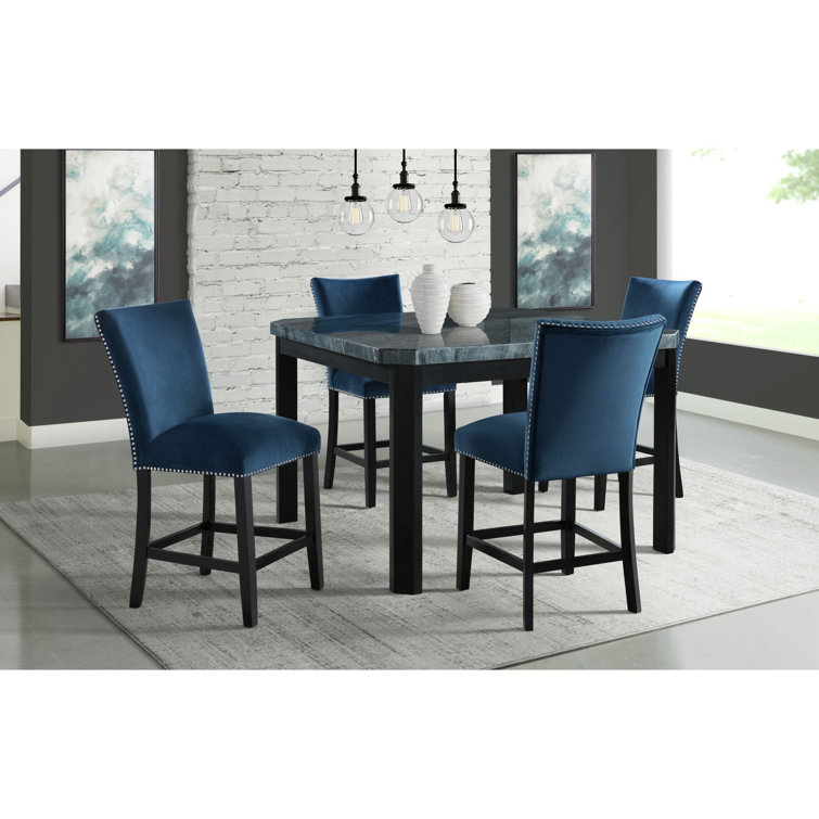 Gray Marble Top Trestle Dining Set with Blue Upholstered Chairs